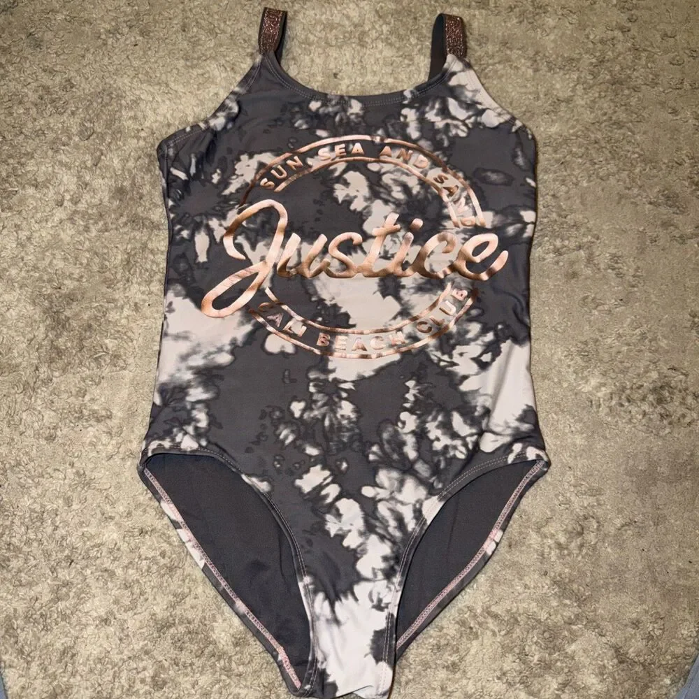Justice Gray/White/Pink Glittery  One Piece Body/Bathing Suit  Sz 14 xl